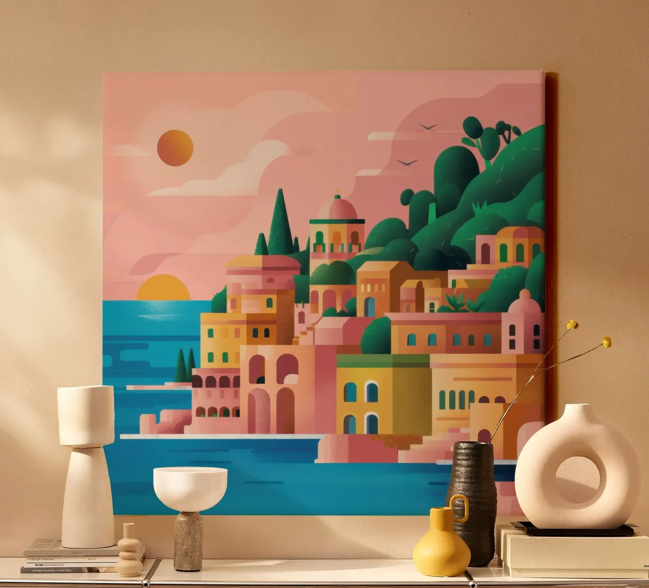 Kustplaats Zonsondergang canvas met Baklijst van Wish Studio