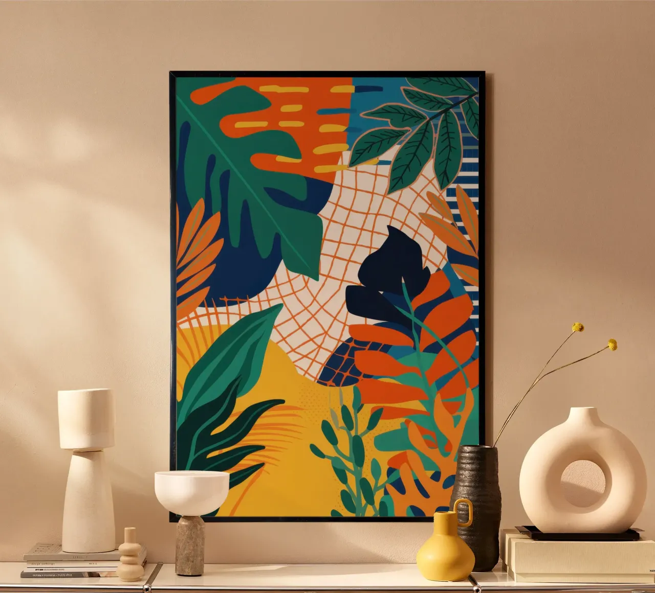 Tropic Grid Fusion Poster mit Holzrahmen von Moon Revolver