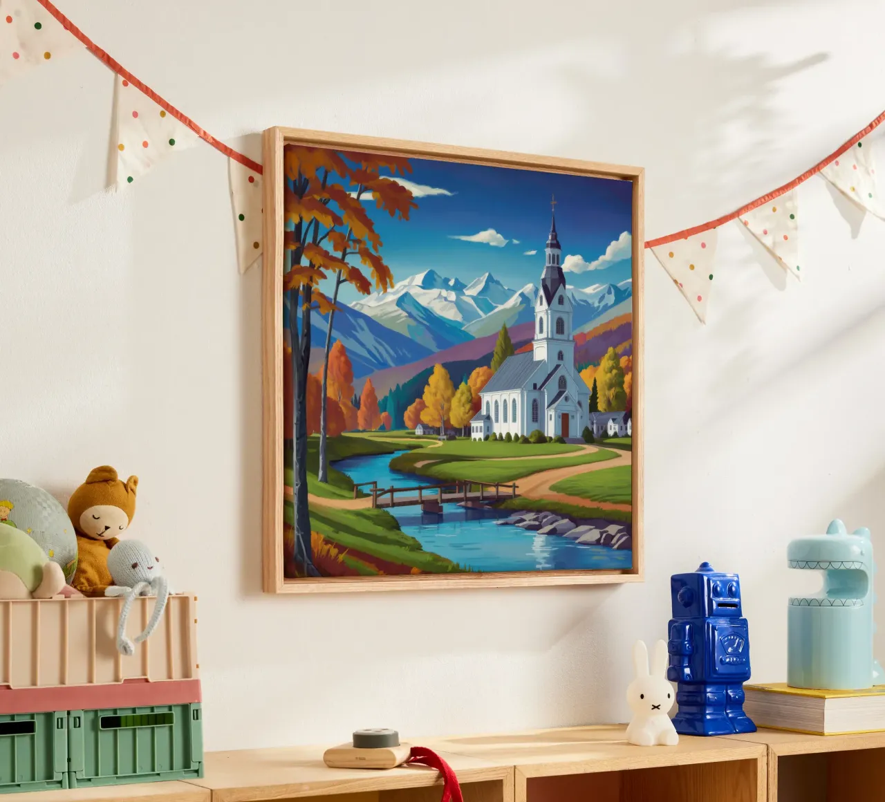 Autumn Church by the River canvas with Floater frame by Wish Studio