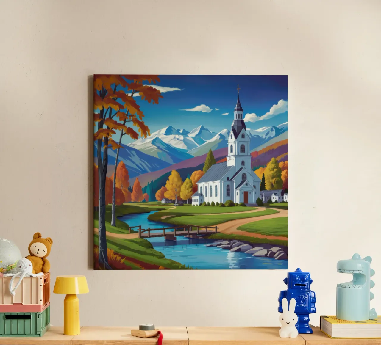 Autumn Church by the River canvas with Floater frame by Wish Studio