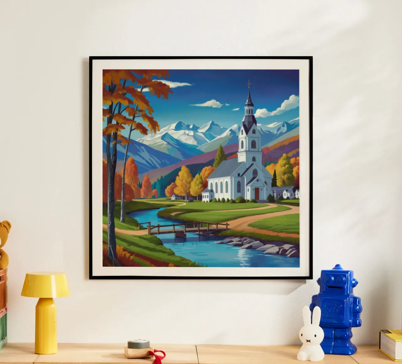 Chiesa autunnale sul fiume poster con telaio in legno da Wish Studio