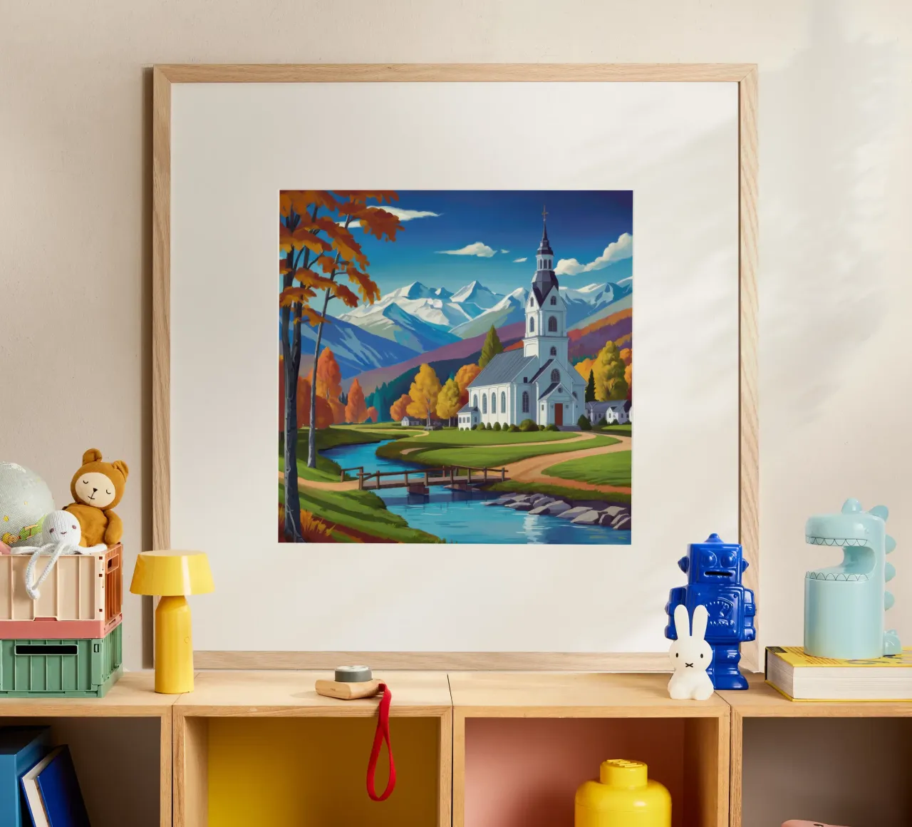Chiesa autunnale sul fiume poster con telaio in legno da Wish Studio