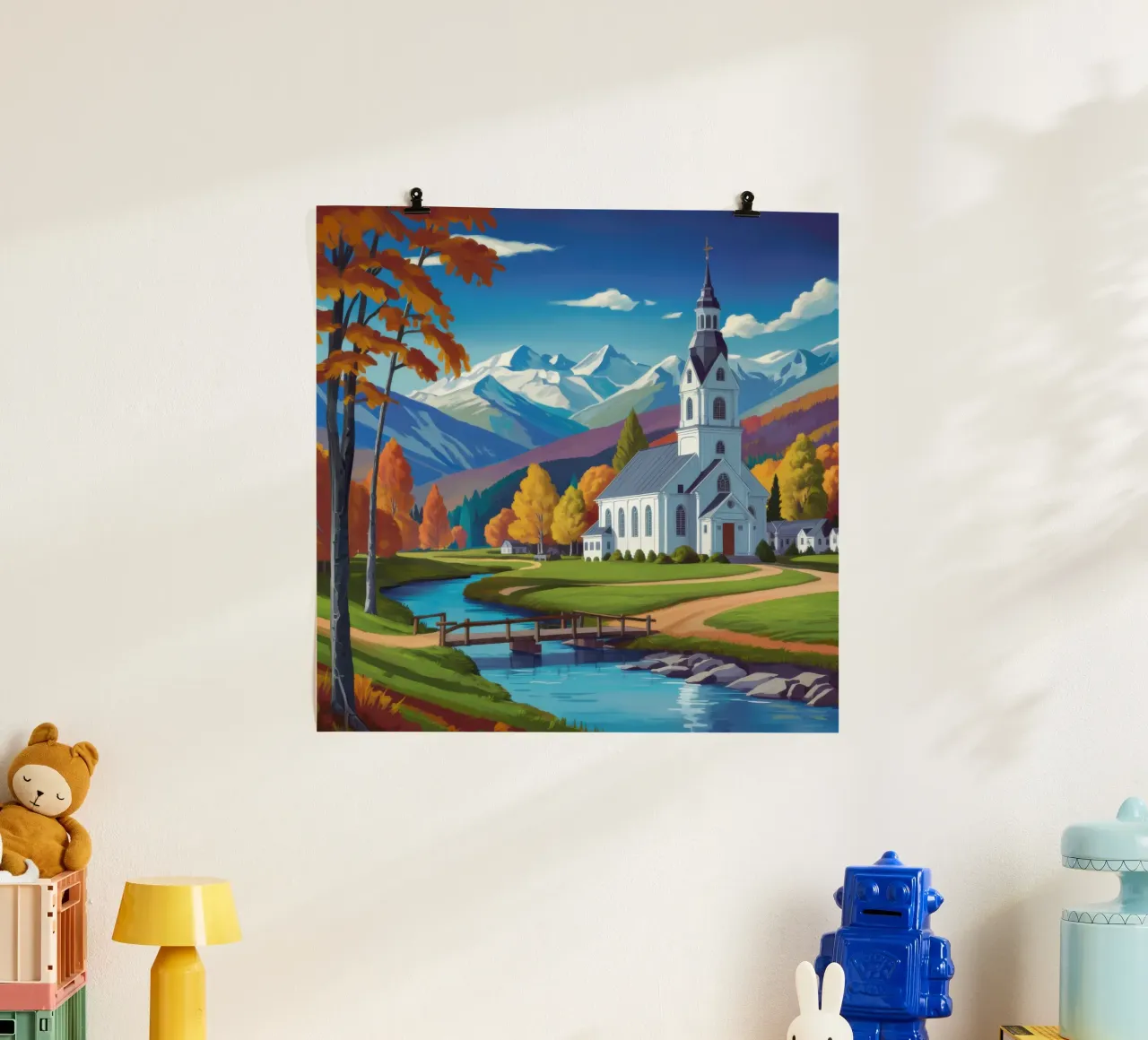 Chiesa autunnale sul fiume poster con telaio in legno da Wish Studio