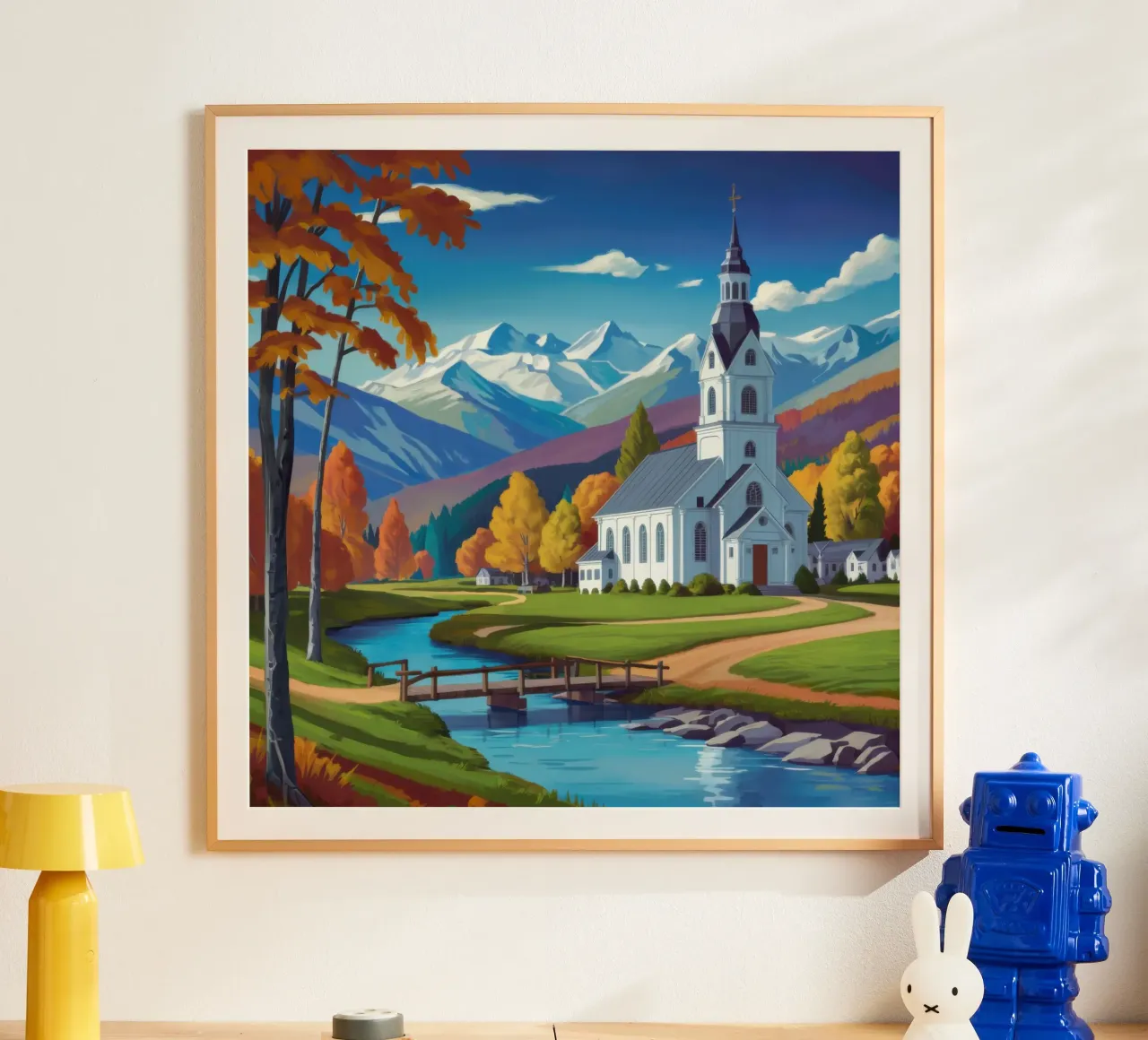 Chiesa autunnale sul fiume poster con telaio in legno da Wish Studio