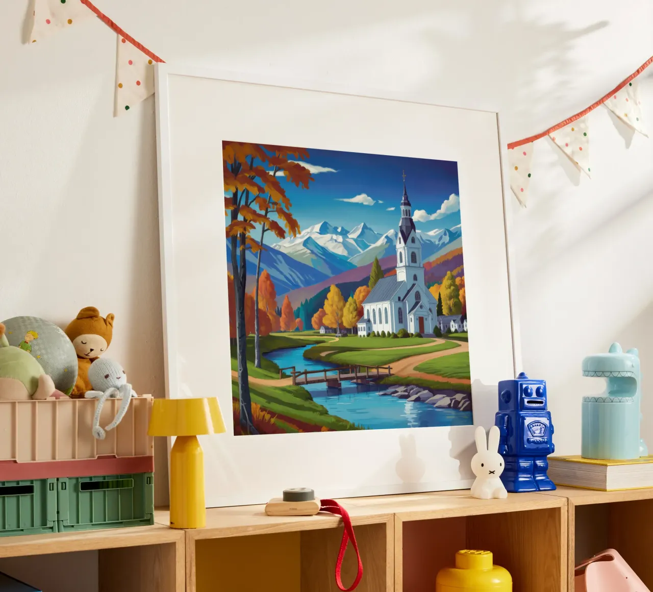 Chiesa autunnale sul fiume poster con telaio in legno da Wish Studio