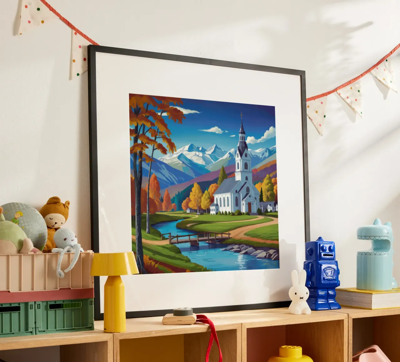 Chiesa autunnale sul fiume poster con telaio in legno da Wish Studio