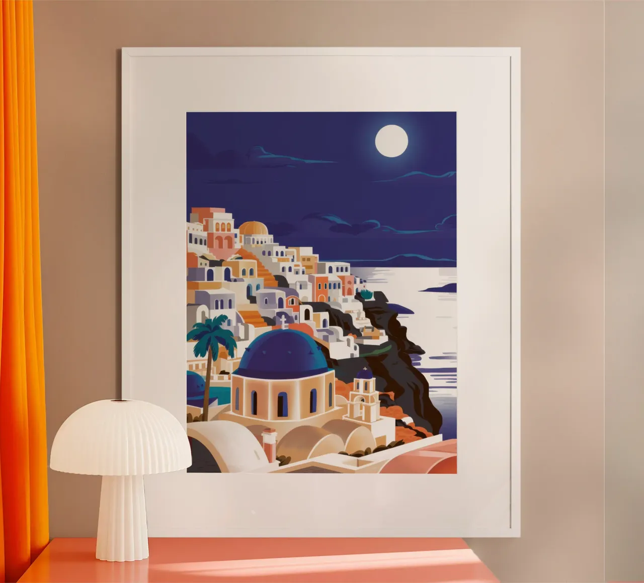 Santorin Sérénité au clair de lune poster avec cadre en aluminium de Moon Revolver