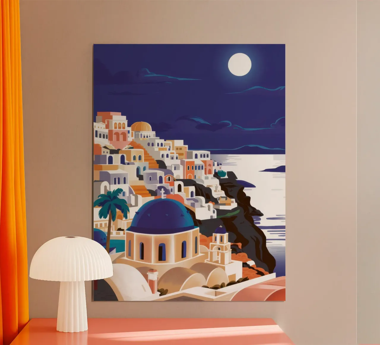 Santorin Sérénité au clair de lune poster avec cadre en aluminium de Moon Revolver