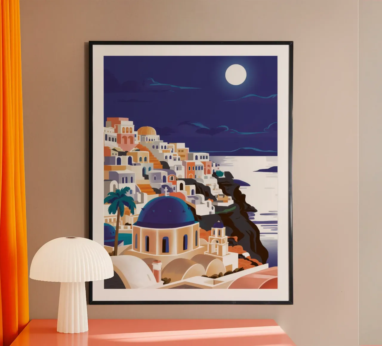 Santorin Sérénité au clair de lune poster avec cadre en aluminium de Moon Revolver