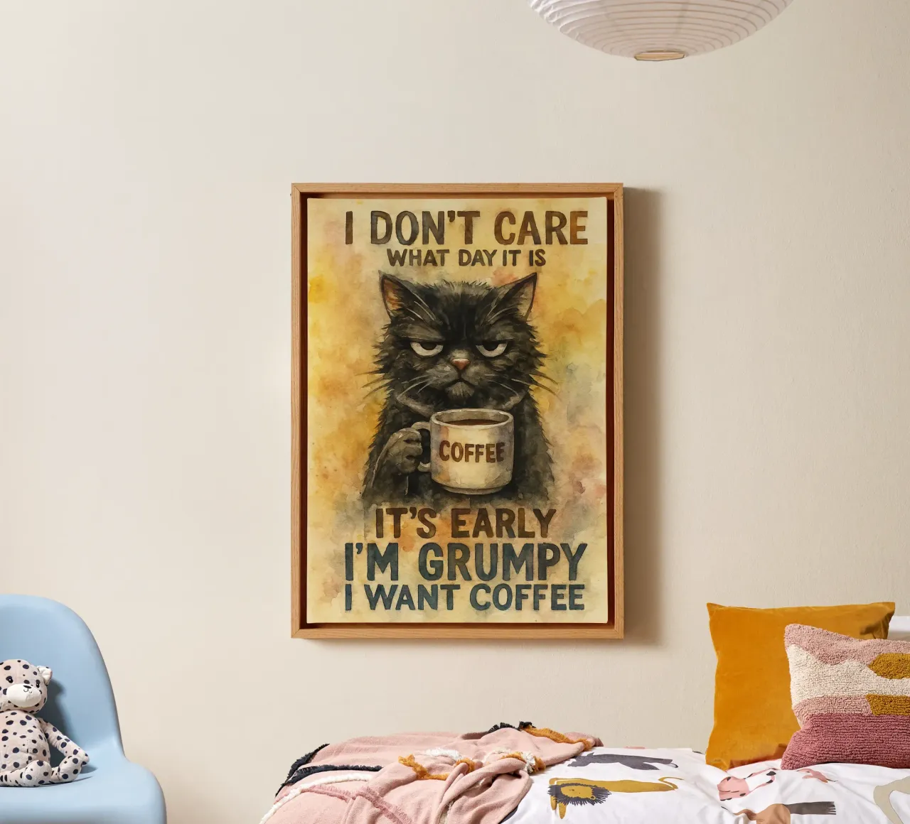 divertente gatto del caffè tela con Cornice a cassetta da tanabaroo