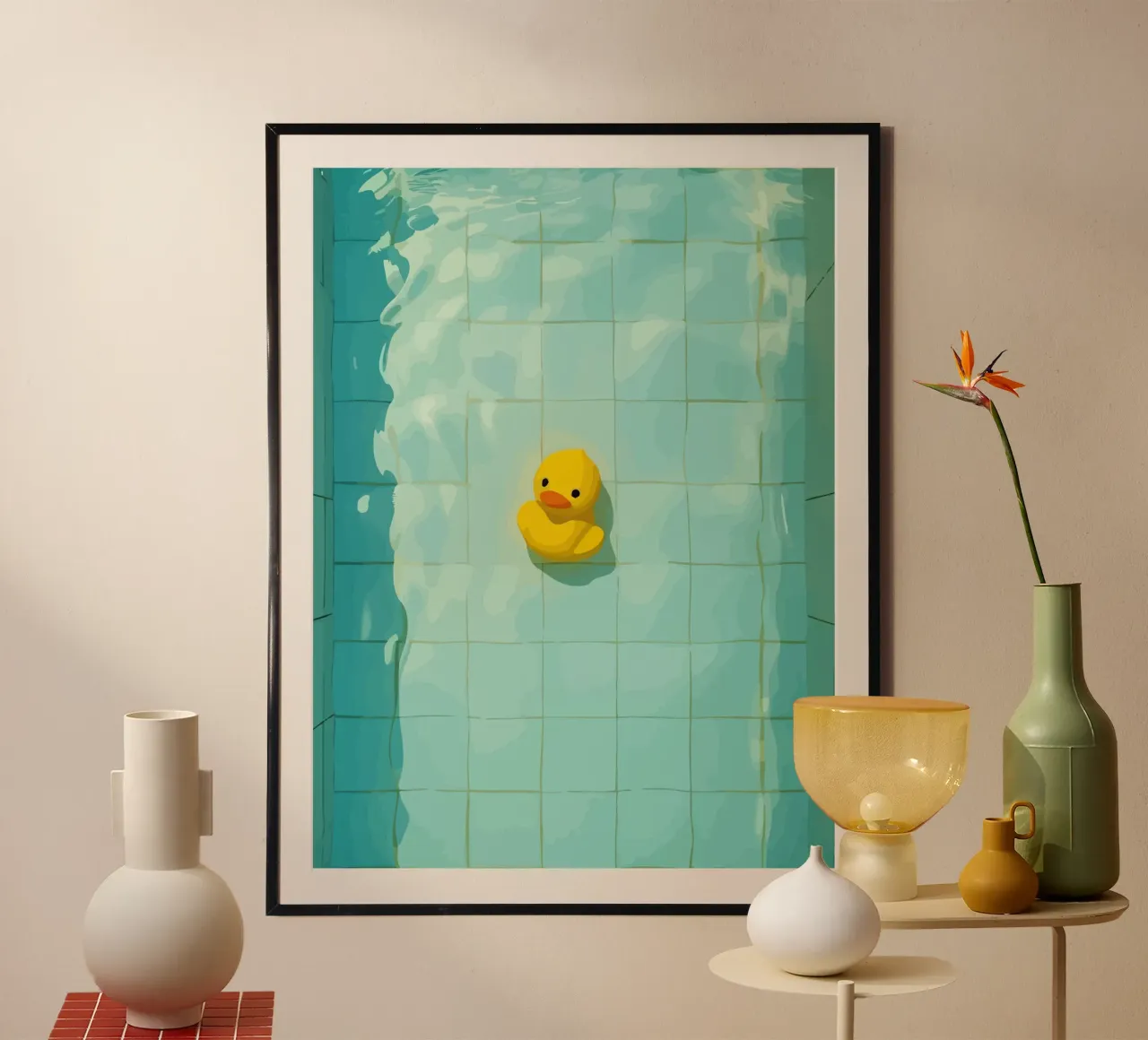 Duck drowns in swimming pool Poster mit Kunststoffrahmen von Dumery Art