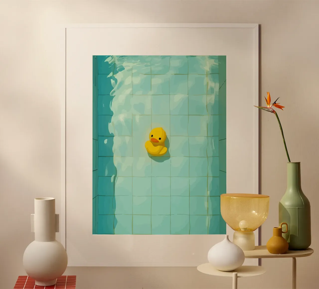 Duck drowns in swimming pool Poster mit Kunststoffrahmen von Dumery Art