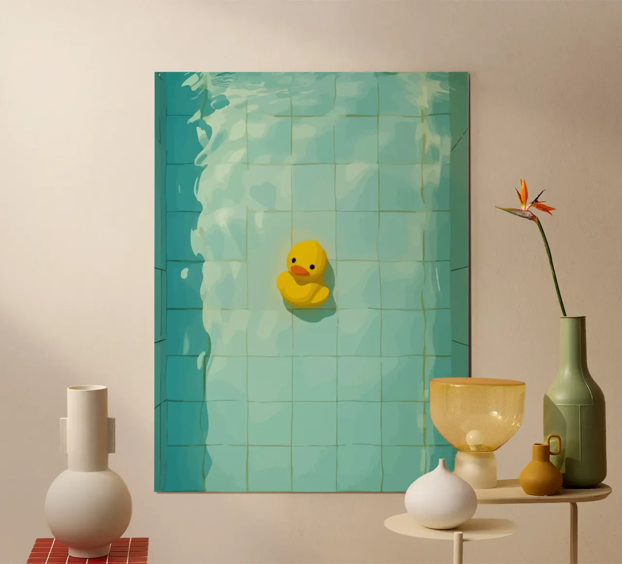 Duck drowns in swimming pool Poster mit Kunststoffrahmen von Dumery Art