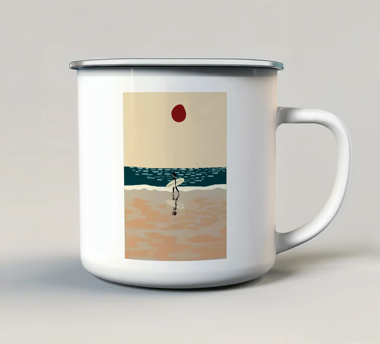 someone carrying a surfboard walking on the beach tazza in smalto da Dumery Art