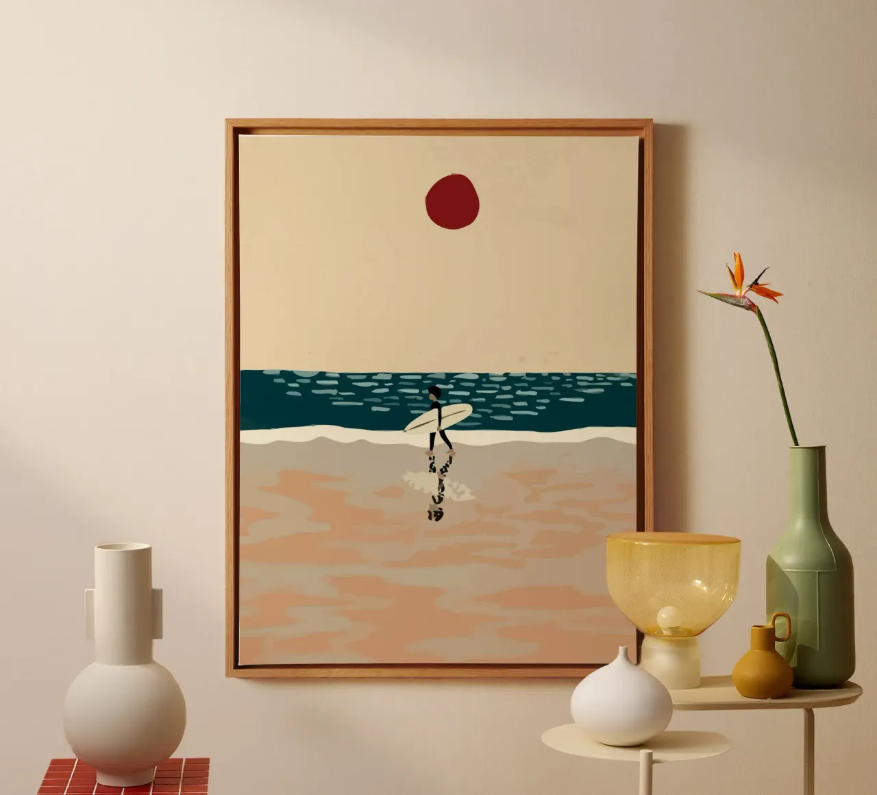 someone carrying a surfboard walking on the beach Leinwand mit Schattenfugenrahmen von Dumery Art