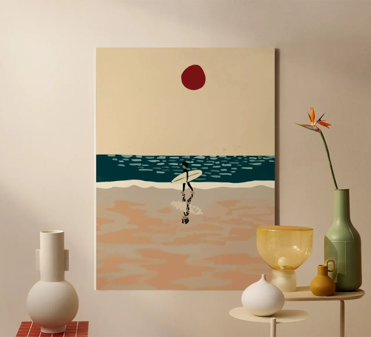 someone carrying a surfboard walking on the beach Leinwand mit Schattenfugenrahmen von Dumery Art