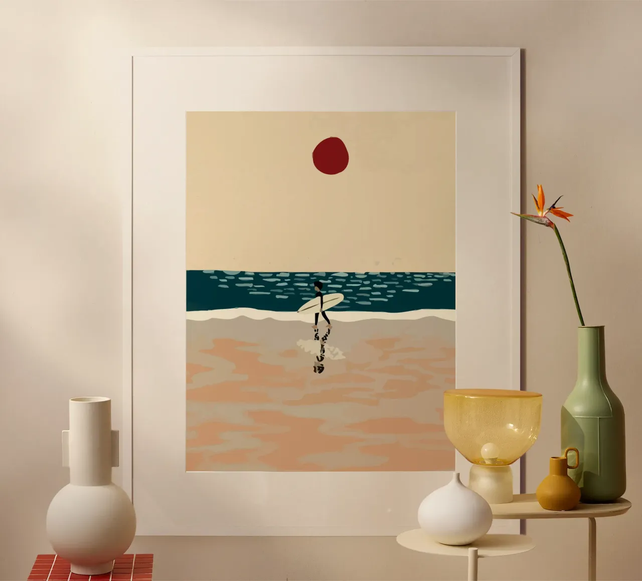 someone carrying a surfboard walking on the beach poster con telaio in alluminio da Dumery Art