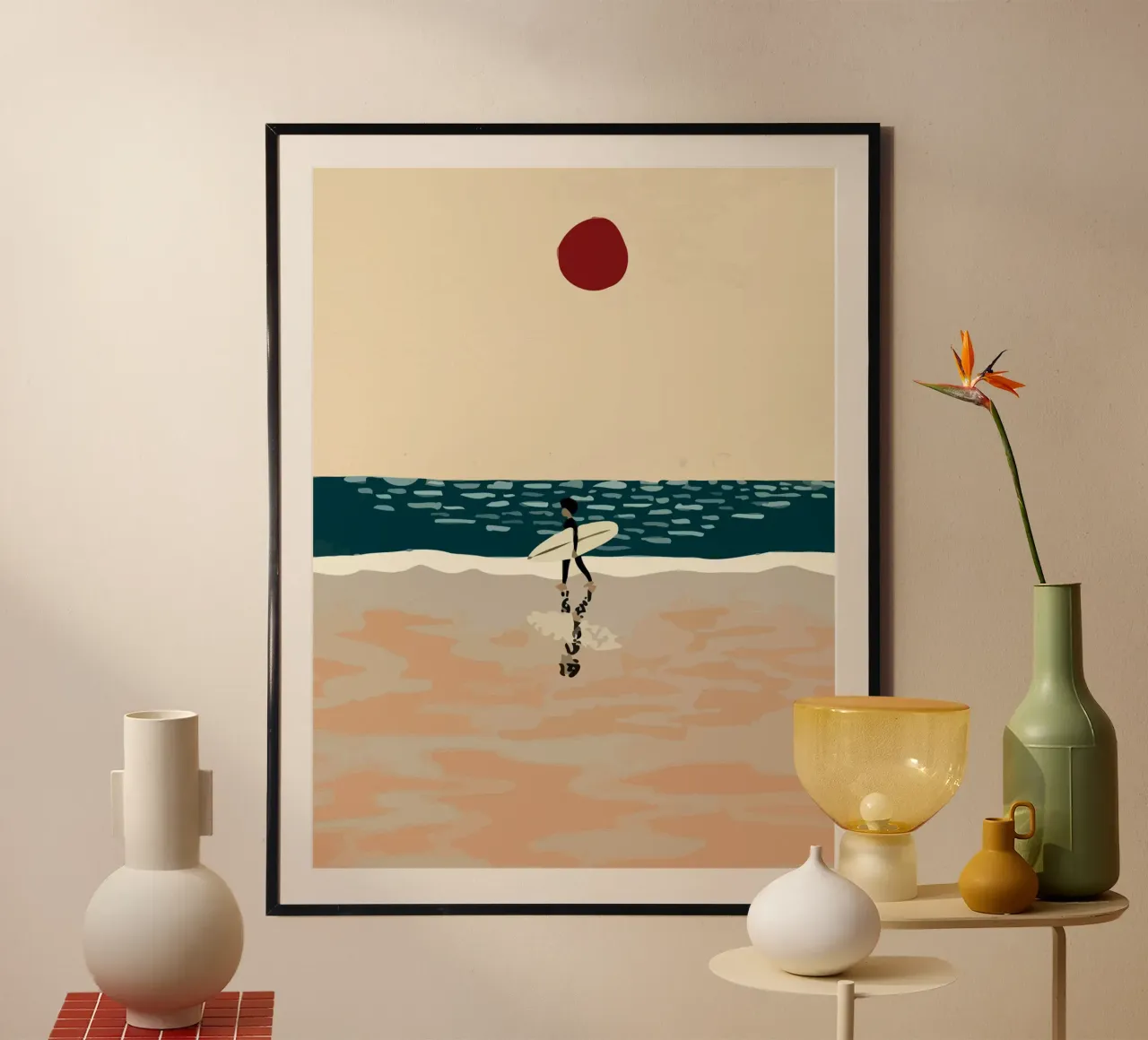 someone carrying a surfboard walking on the beach poster con telaio in alluminio da Dumery Art