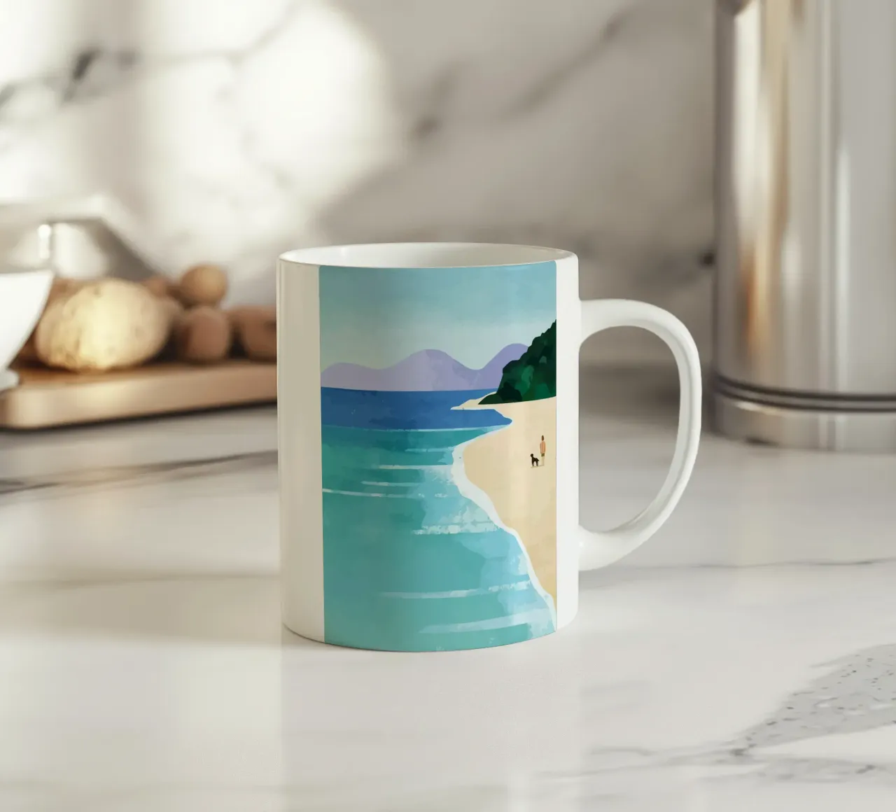 enjoying the view on the beach with the dog tazza in ceramica da Dumery Art