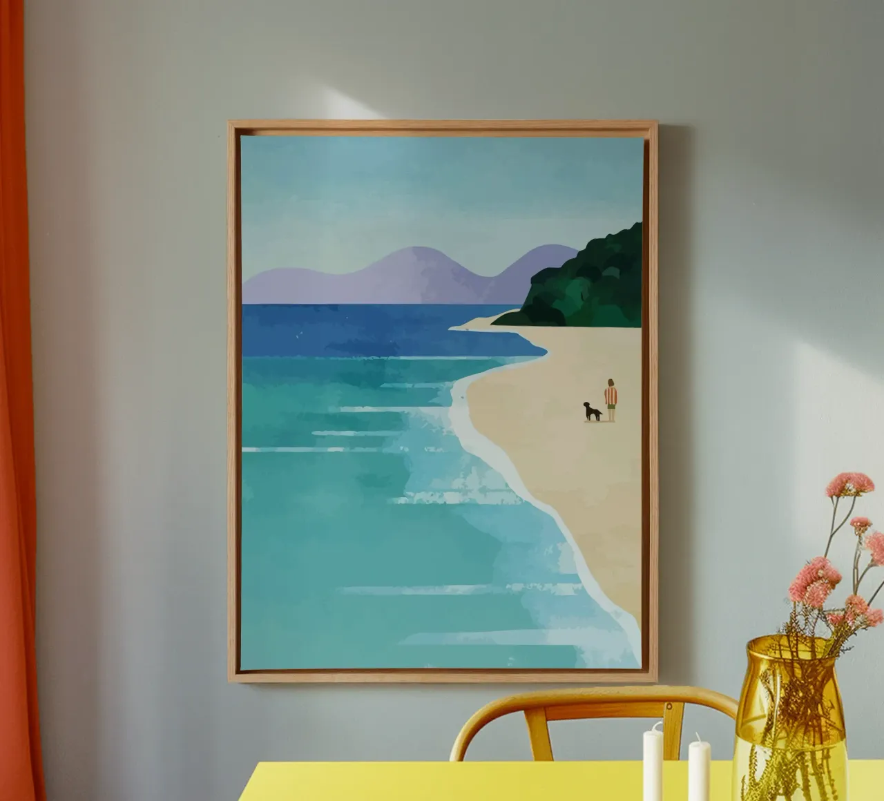 enjoying the view on the beach with the dog canvas with Floater frame by Dumery Art