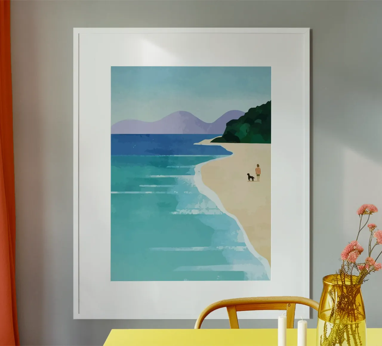 enjoying the view on the beach with the dog poster con telaio in alluminio da Dumery Art