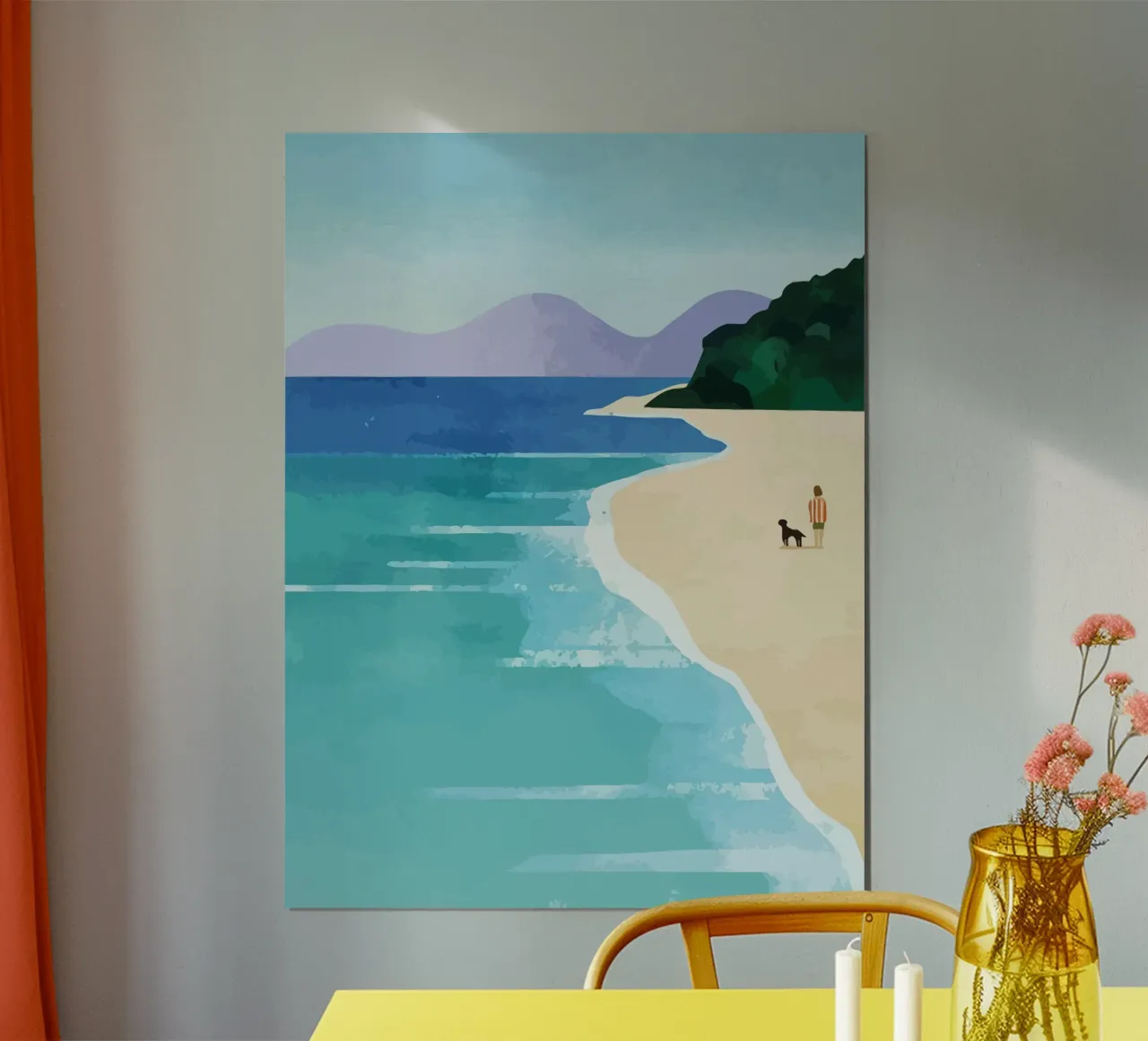 enjoying the view on the beach with the dog poster con telaio in alluminio da Dumery Art