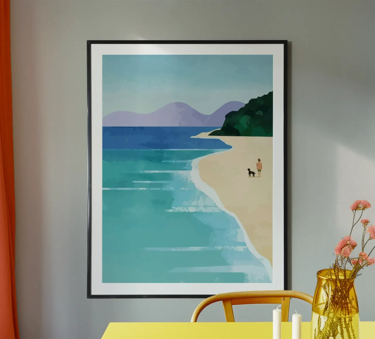 enjoying the view on the beach with the dog poster con telaio in alluminio da Dumery Art