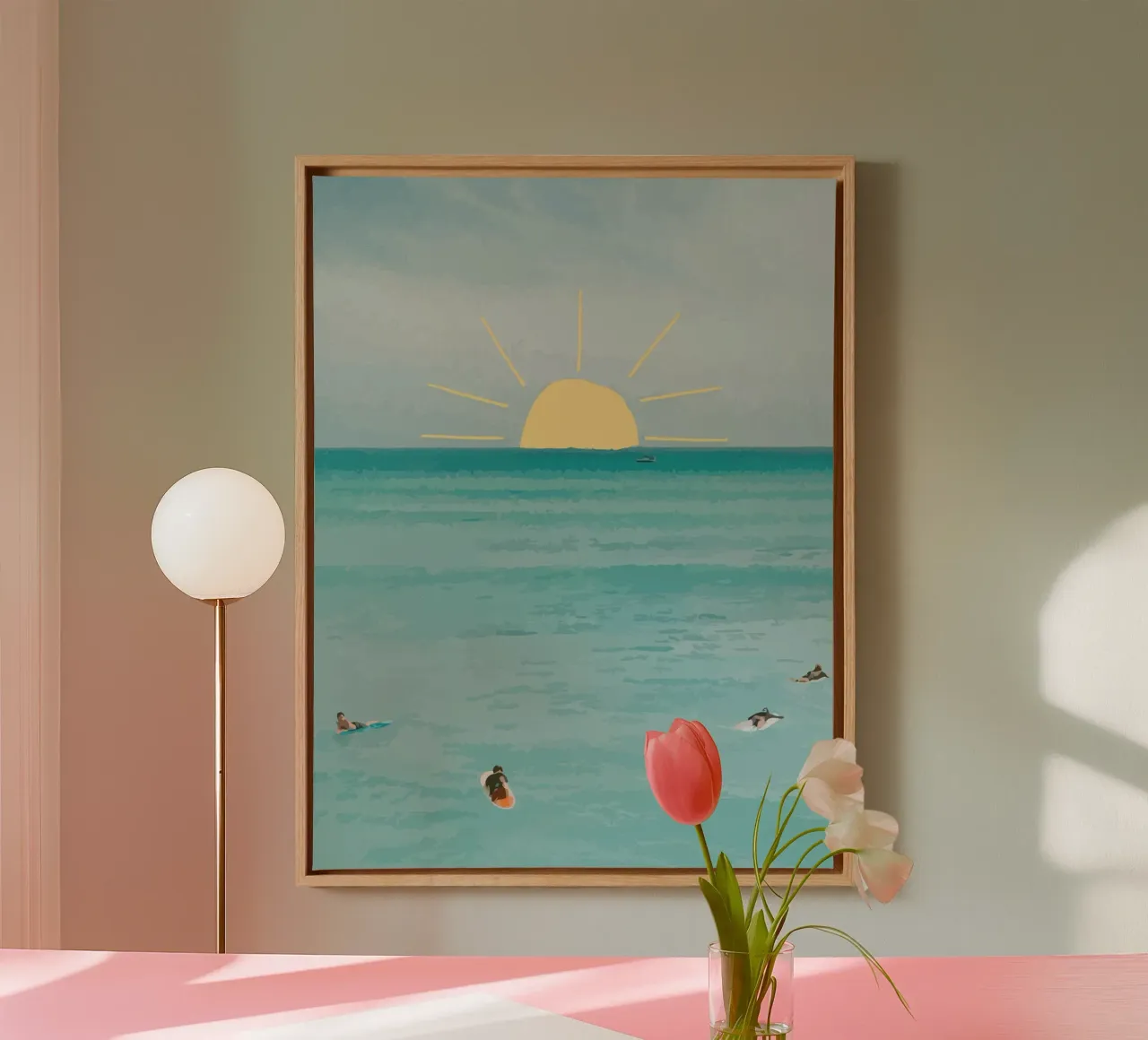 surfing on the beach canvas with Floater frame by Dumery Art
