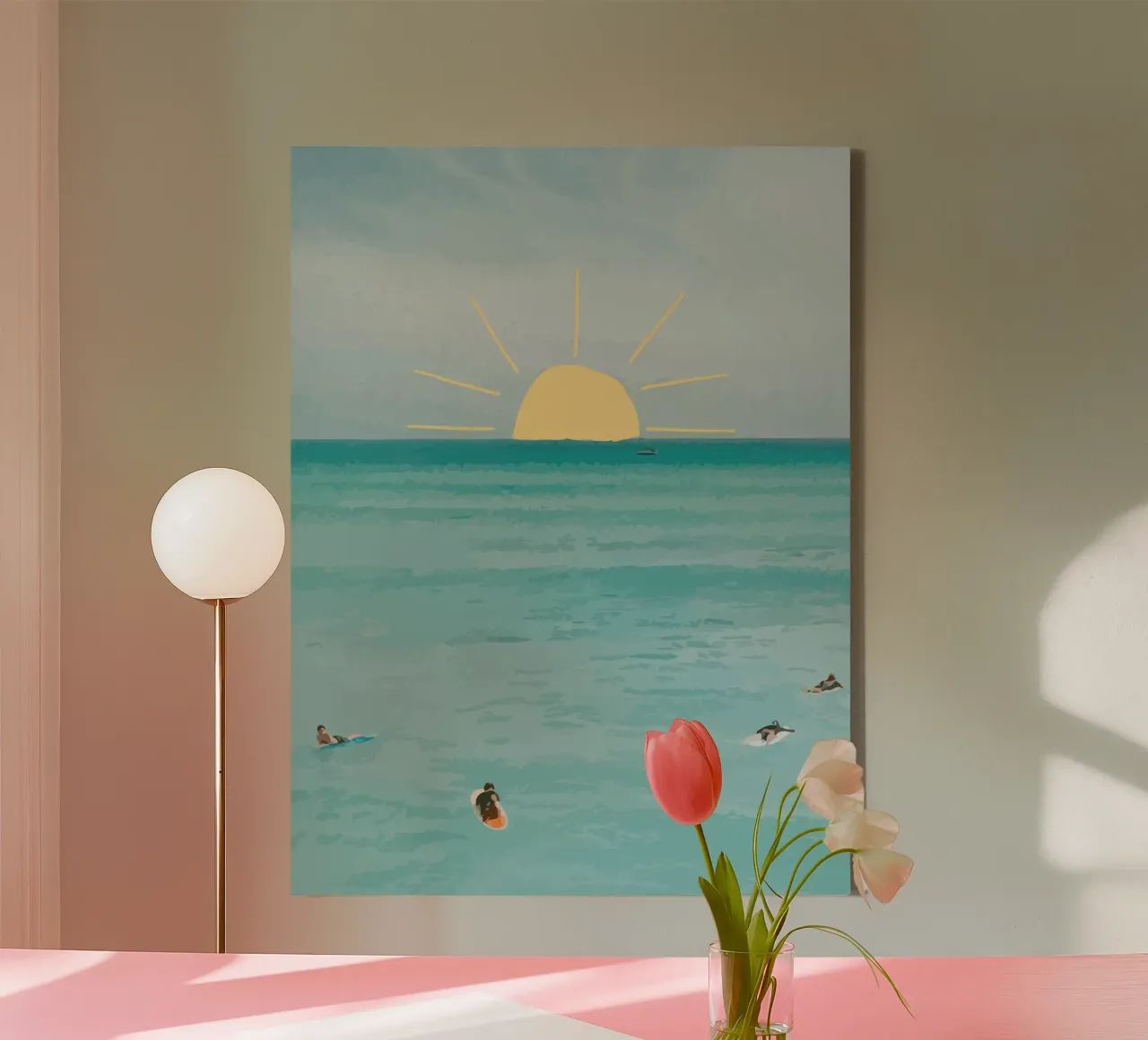 surfing on the beach canvas with Floater frame by Dumery Art