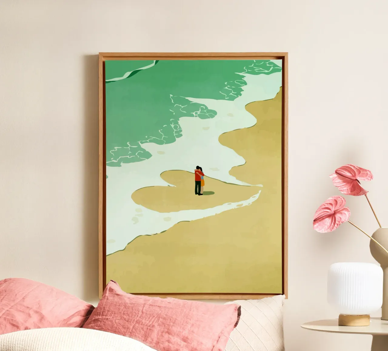hugging on the beach canvas with Floater frame by Dumery Art