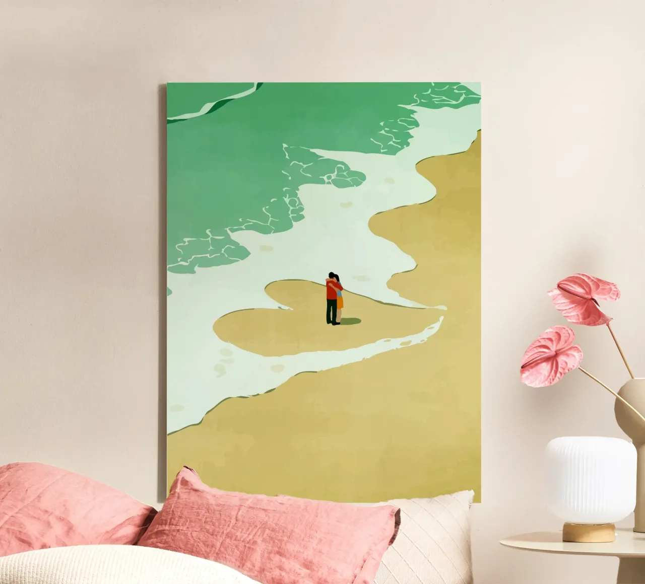 hugging on the beach canvas with Floater frame by Dumery Art