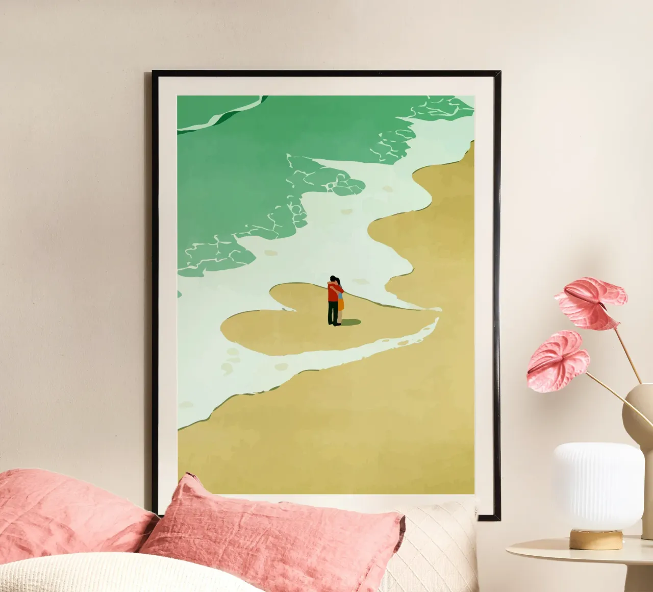 hugging on the beach poster con telaio in alluminio da Dumery Art