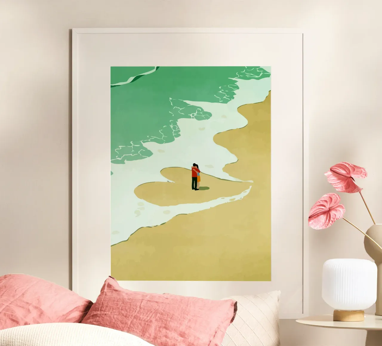 hugging on the beach poster con telaio in alluminio da Dumery Art