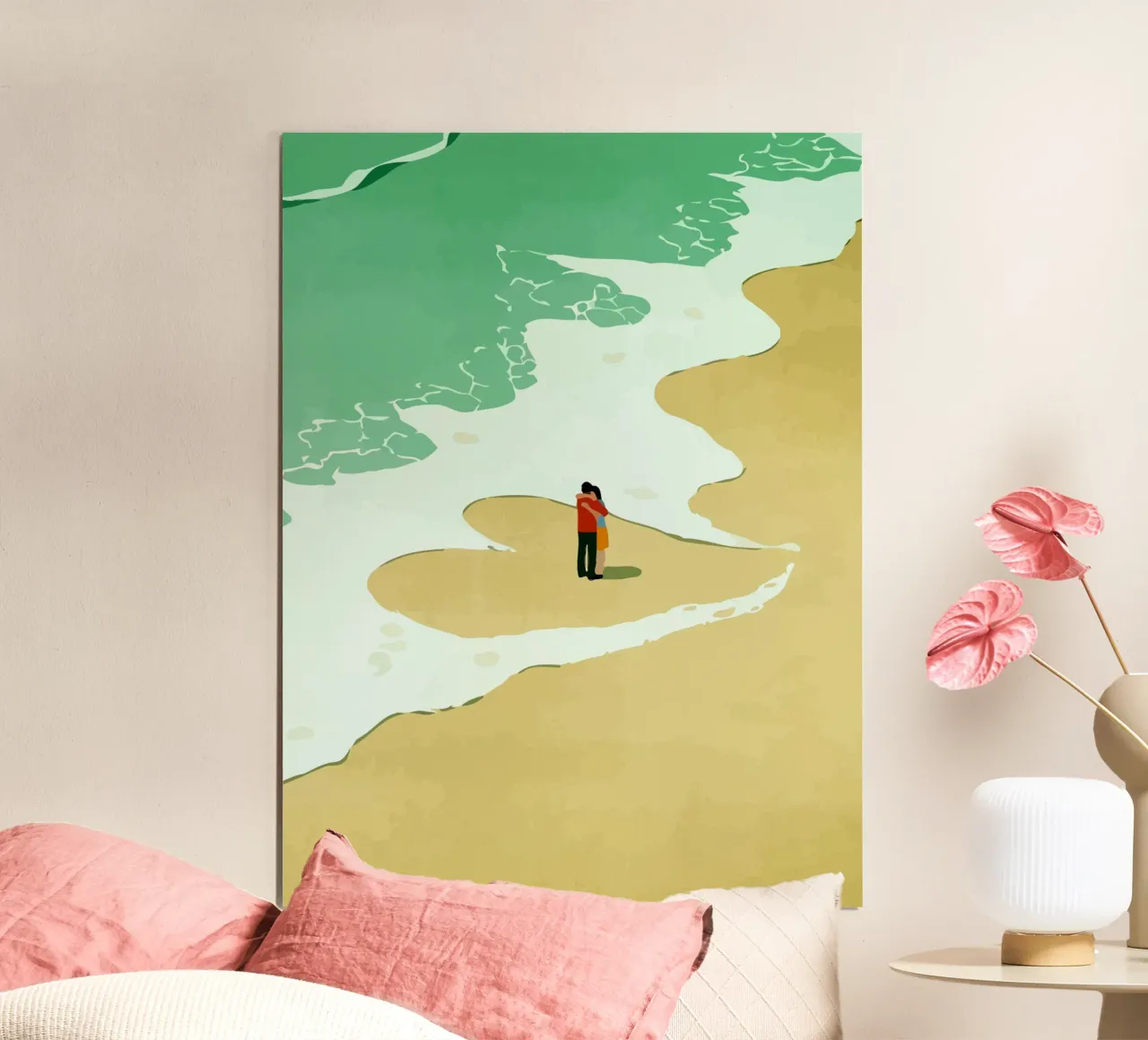 hugging on the beach poster con telaio in alluminio da Dumery Art