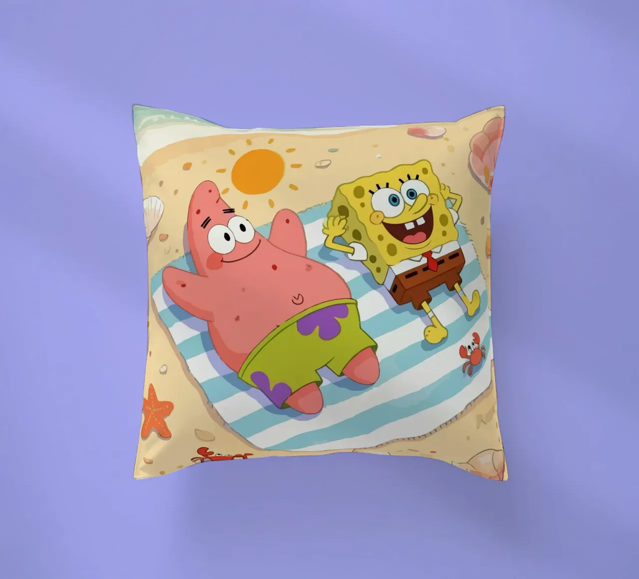 Spongebob and Patrick relaxing on the beach cuscino da Dumery Art