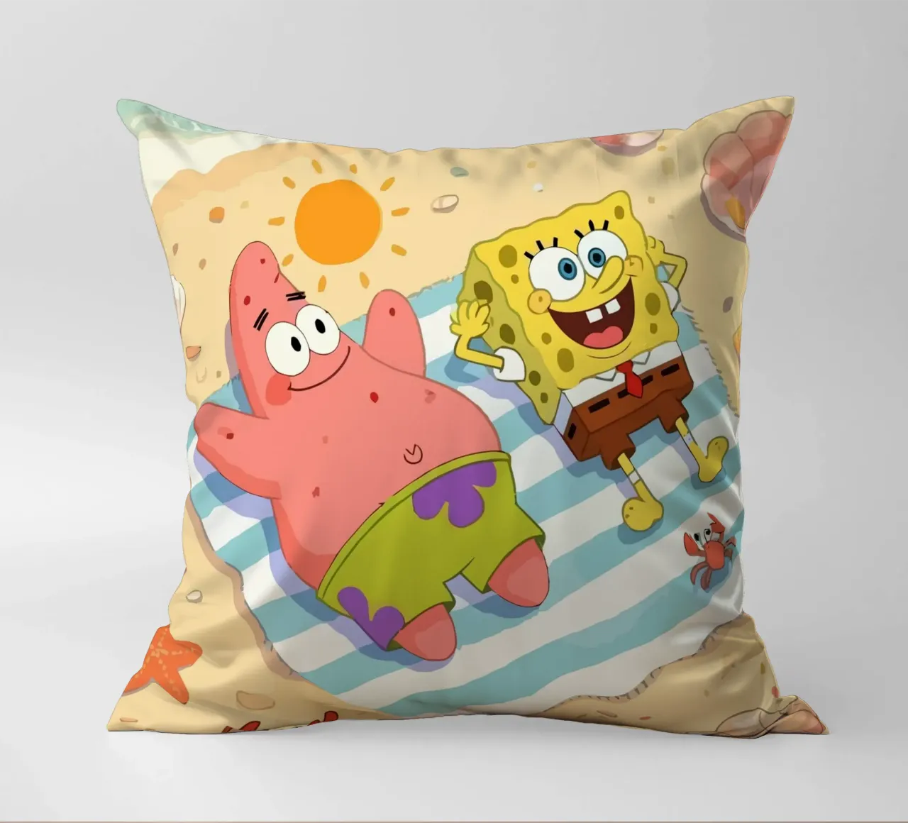 Spongebob and Patrick relaxing on the beach cuscino da Dumery Art