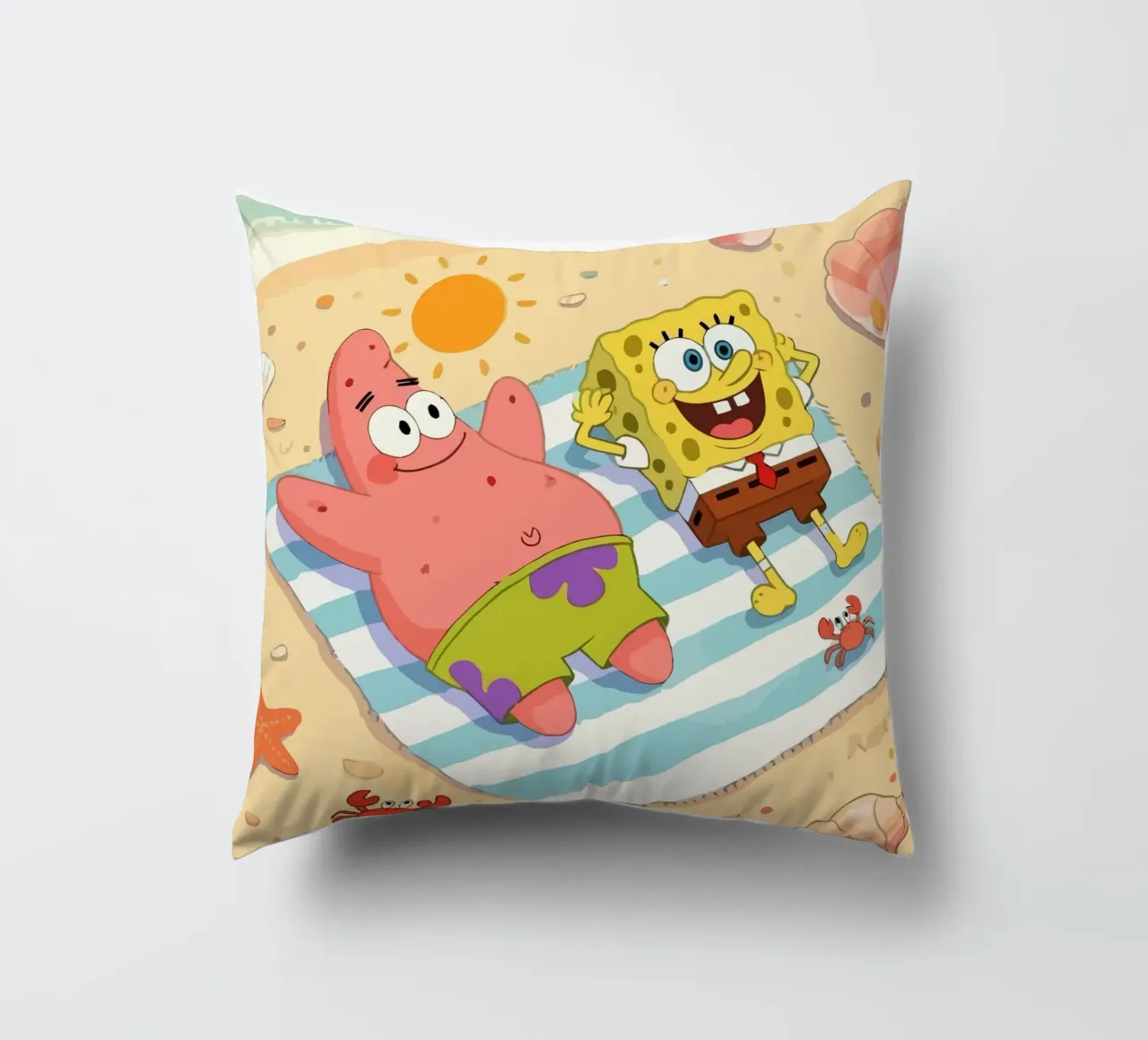 Spongebob and Patrick relaxing on the beach cuscino da Dumery Art