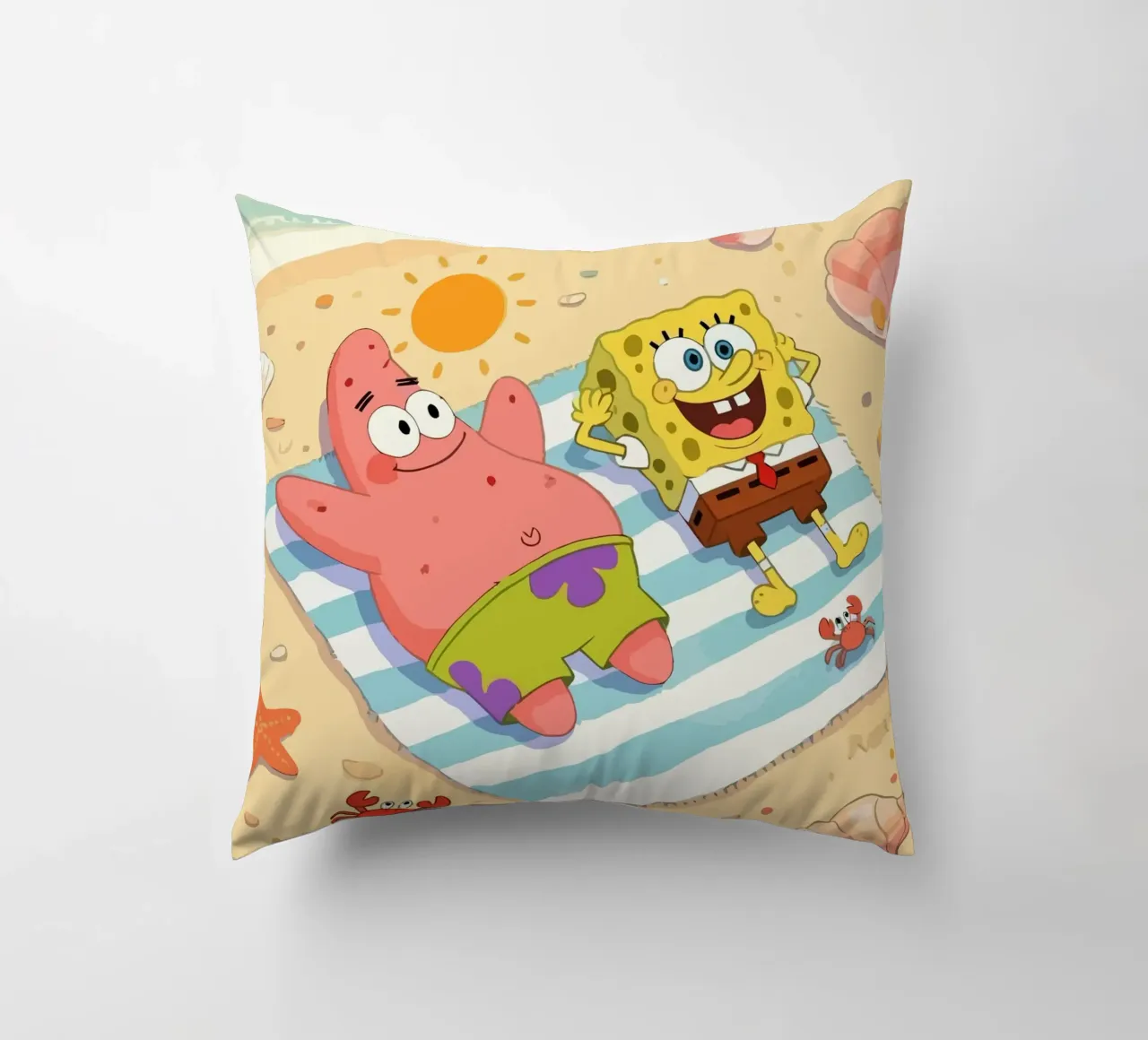 Spongebob and Patrick relaxing on the beach cuscino da Dumery Art