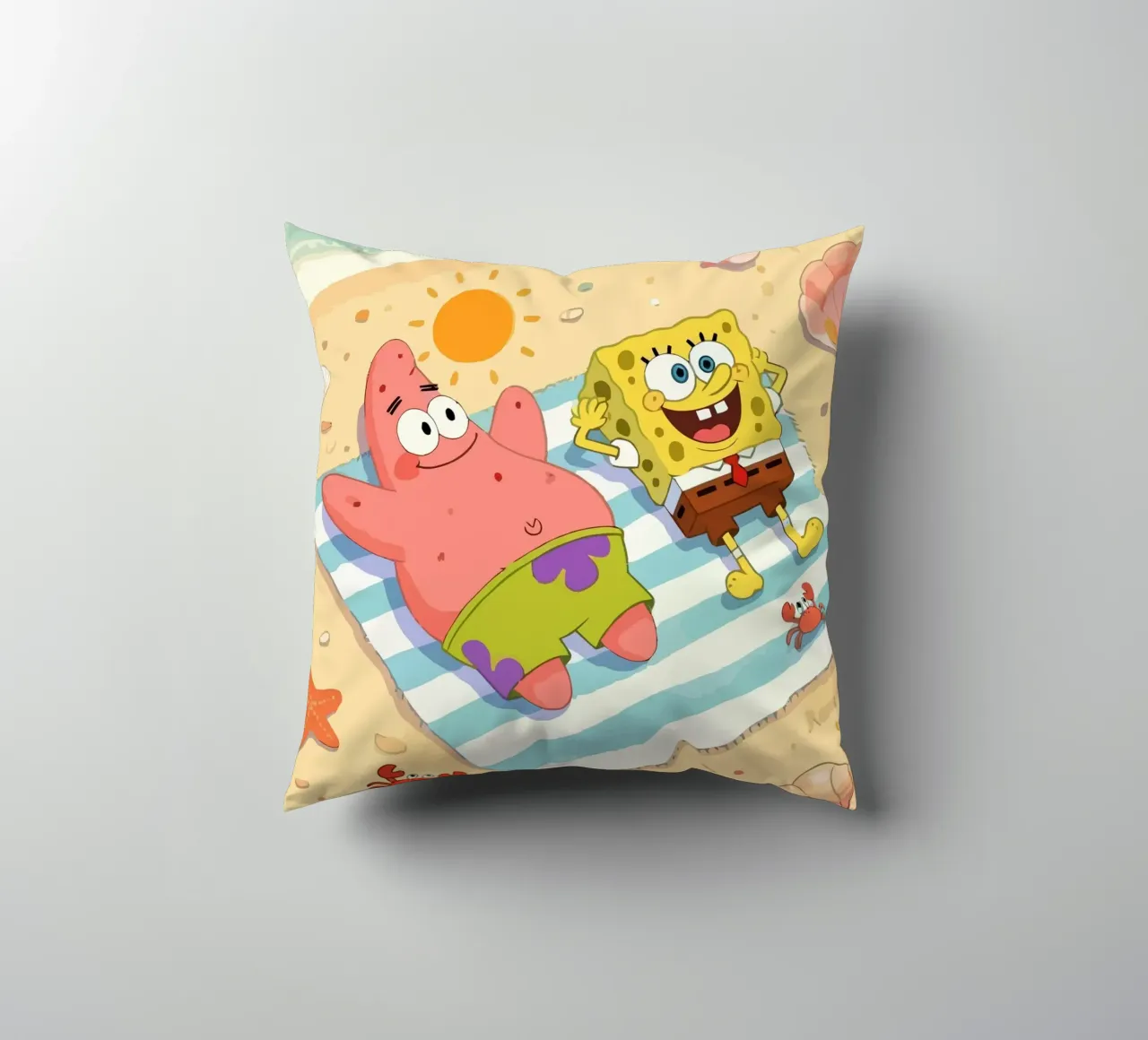 Spongebob and Patrick relaxing on the beach cuscino da Dumery Art