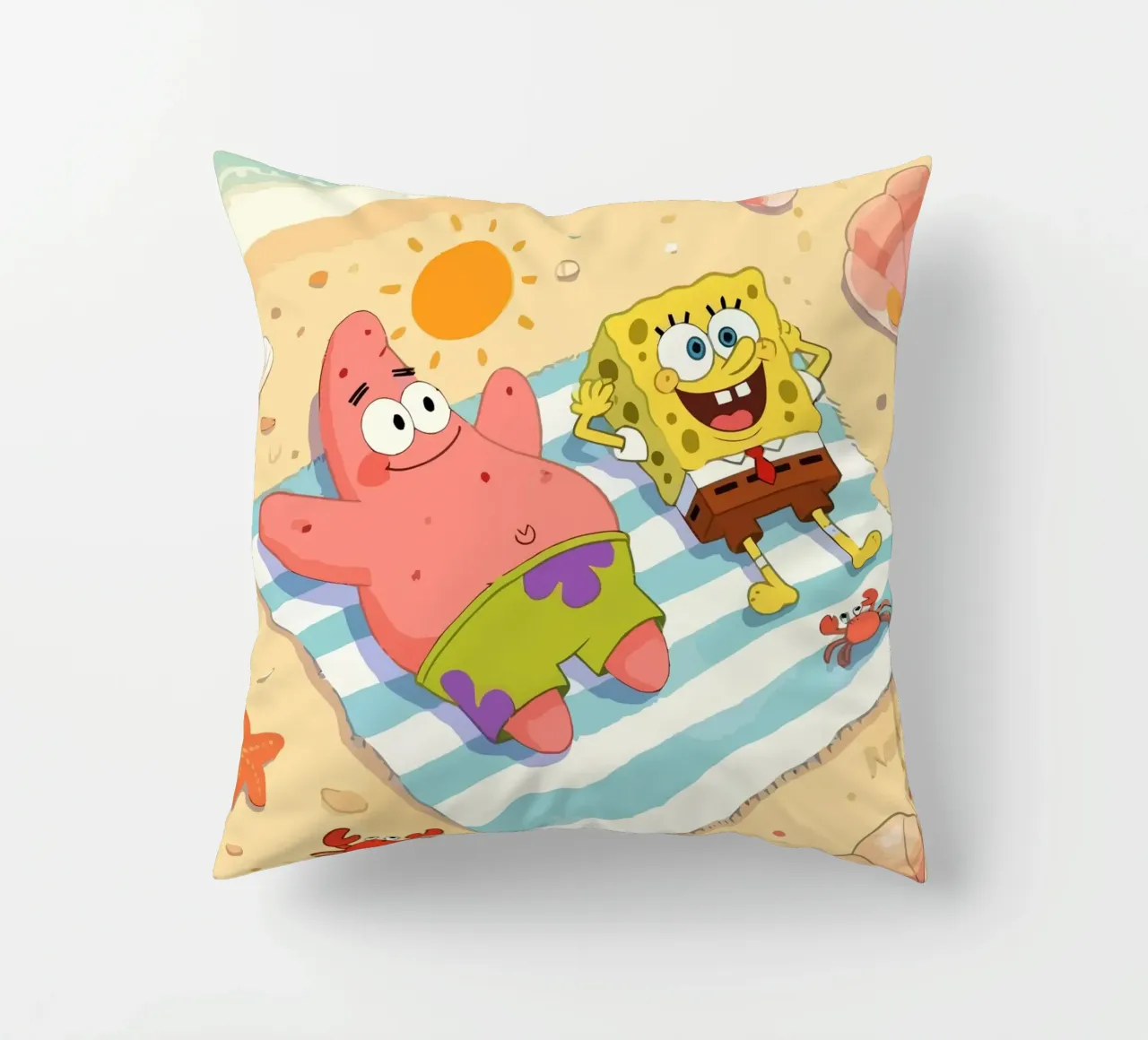 Spongebob and Patrick relaxing on the beach cuscino da Dumery Art