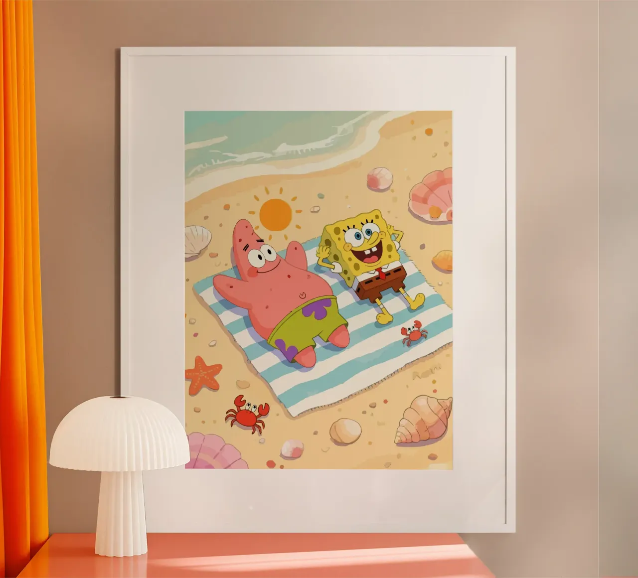 Spongebob and Patrick relaxing on the beach poster with aluminum frame by Dumery Art
