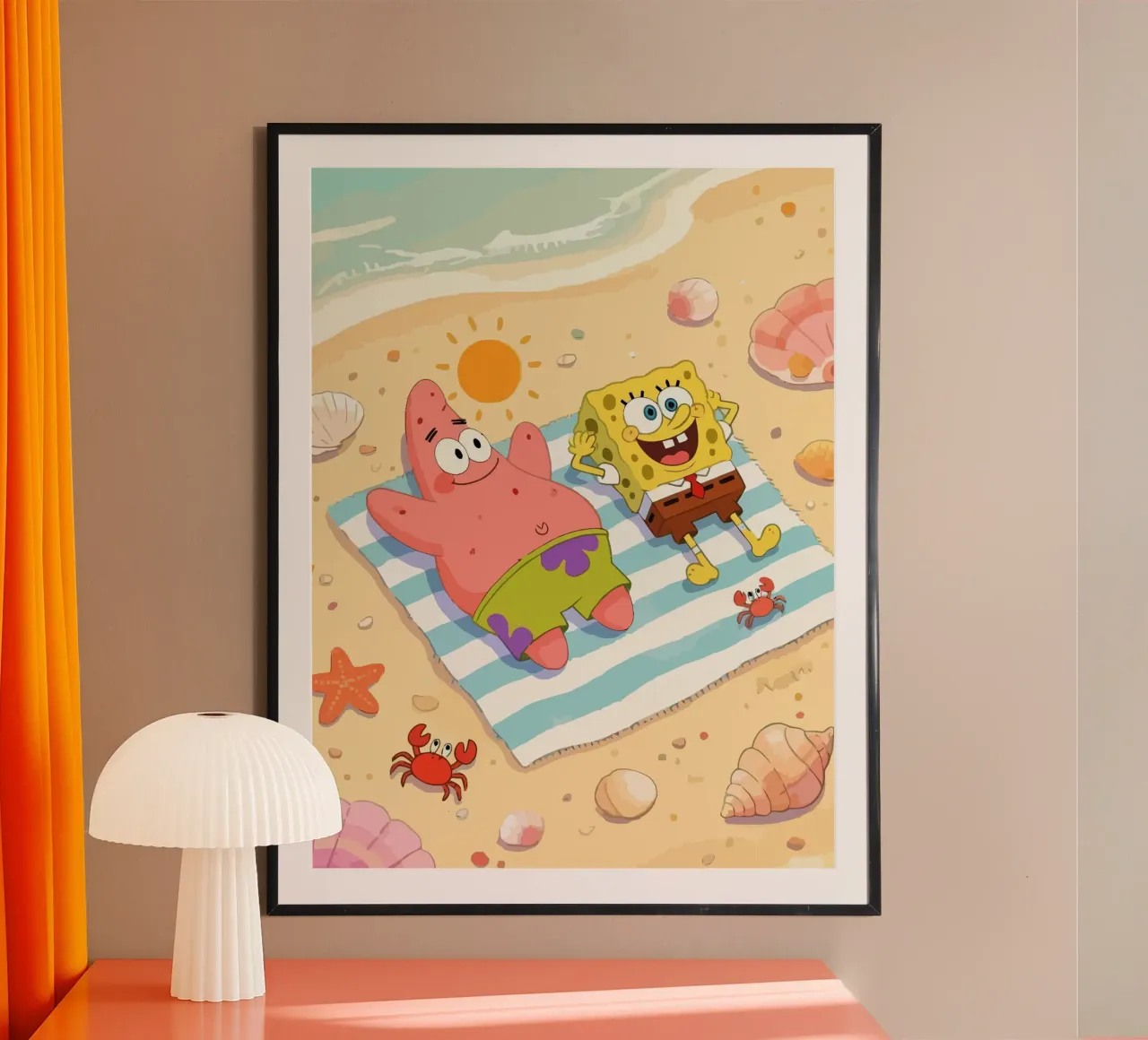 Spongebob and Patrick relaxing on the beach poster with aluminum frame by Dumery Art