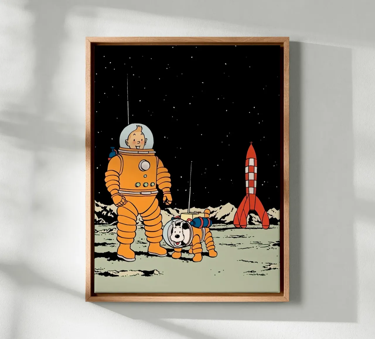 Tin Tin the astronaut and his dog on the moon canvas with Floater frame by Dumery Art