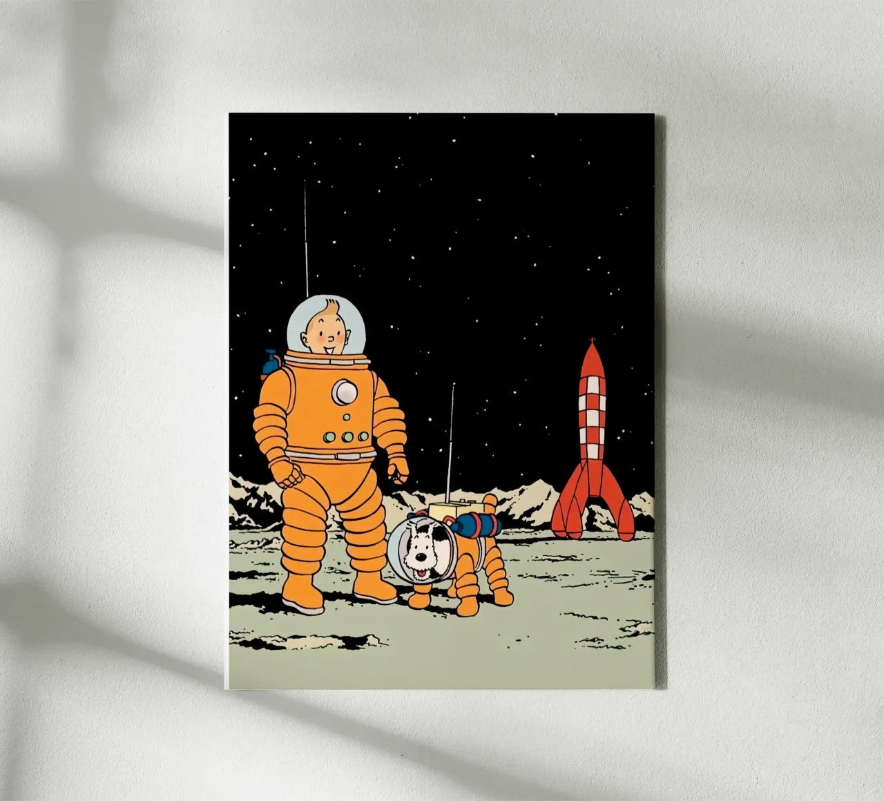 Tin Tin the astronaut and his dog on the moon canvas with Floater frame by Dumery Art