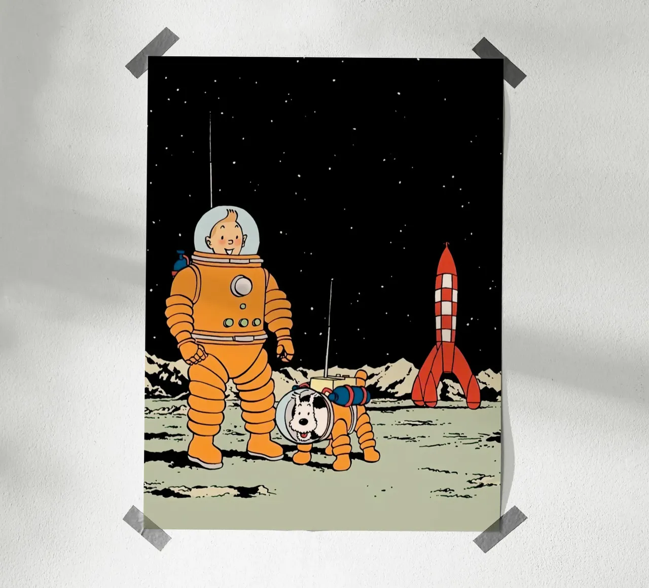 Tin Tin the astronaut and his dog on the moon poster con telaio in alluminio da Dumery Art