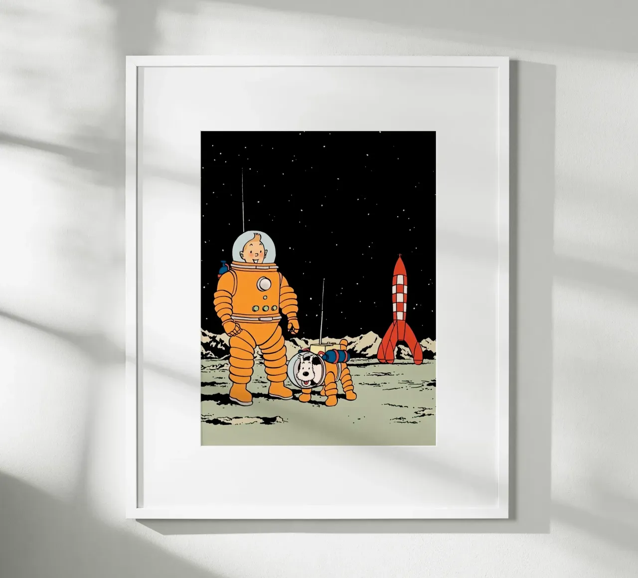 Tin Tin the astronaut and his dog on the moon poster con telaio in alluminio da Dumery Art
