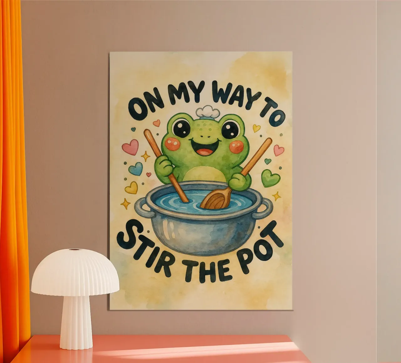 divertente rana cheft sulla mia strada per mescolare la pentola poster con telaio in plastica da tanabaroo