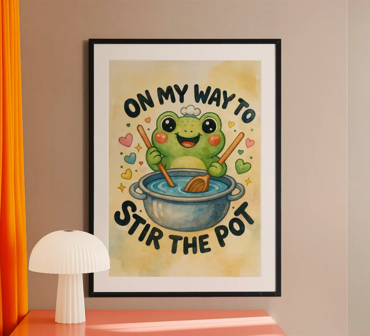 divertente rana cheft sulla mia strada per mescolare la pentola poster con telaio in plastica da tanabaroo