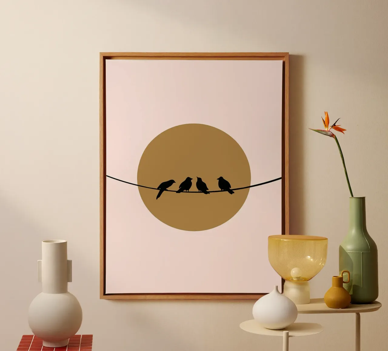 Birds on a Wire canvas with Floater frame by Maria Maier