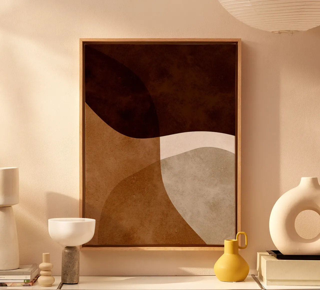 Abstract Brown and White Art canvas with Floater frame by Leon Franke